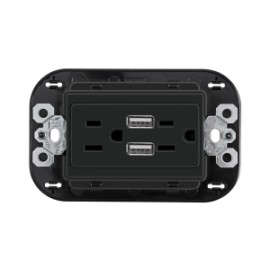 Tomacorriente Dúplex Negro 2P+T con protección infantil y con 2 cargadores USB 3.1 A 3 mód