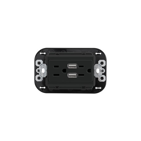 Tomacorriente Dúplex Negro 2P+T con protección infantil y con 2 cargadores USB 3.1 A 3 mód
